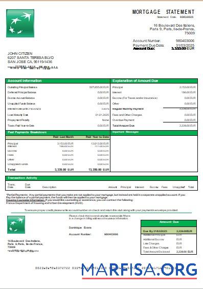 Printable France BNP bank mortgage statement scr example